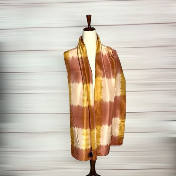 Eileen Fisher Silk Oblong Scarf Rust Peach Tie Dye Shibori Hand Rolled Japan - Picture 5 of 9